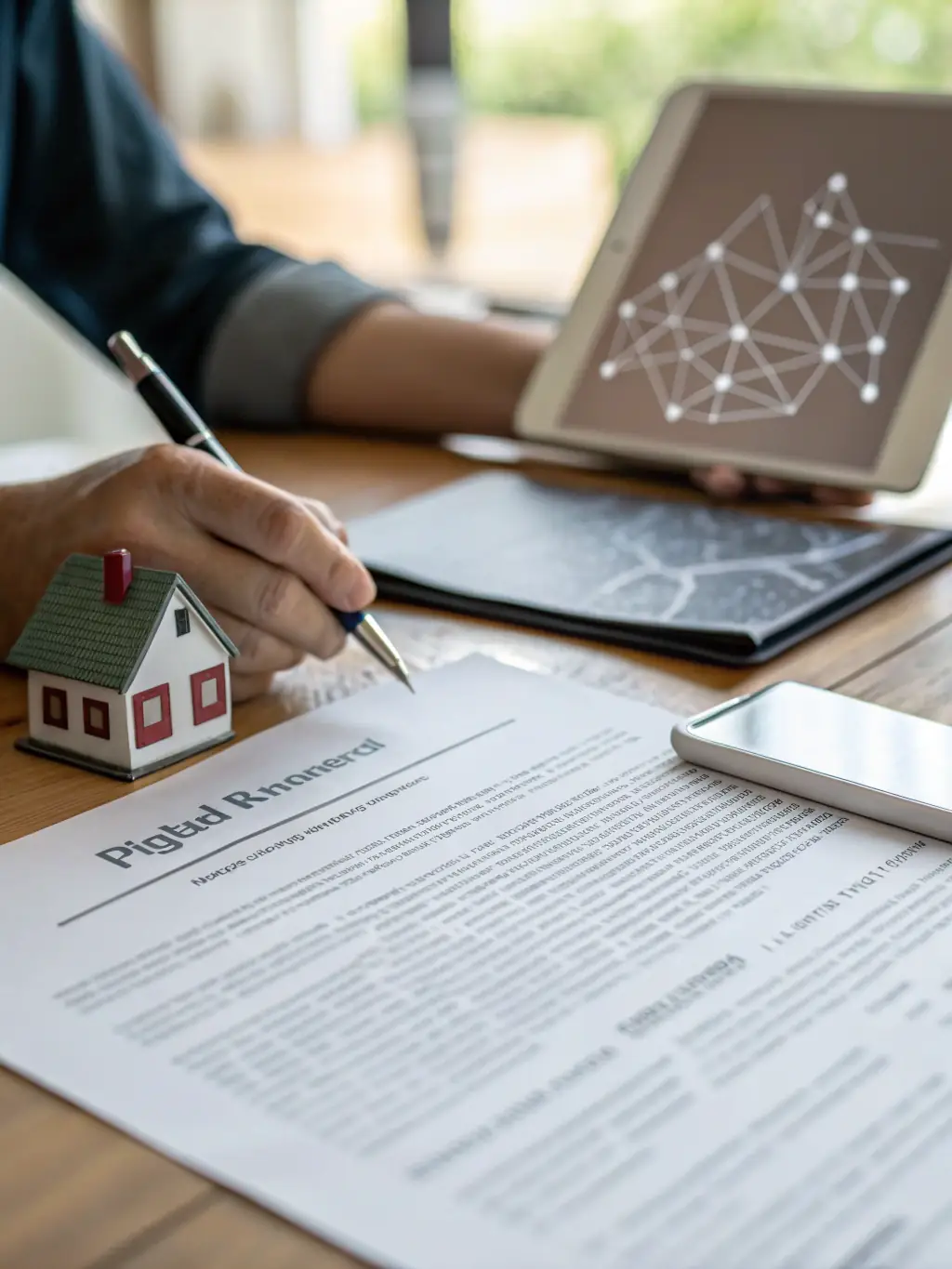 A secure blockchain network graphic overlayed on a traditional property deed, symbolizing the integration of technology and real estate.