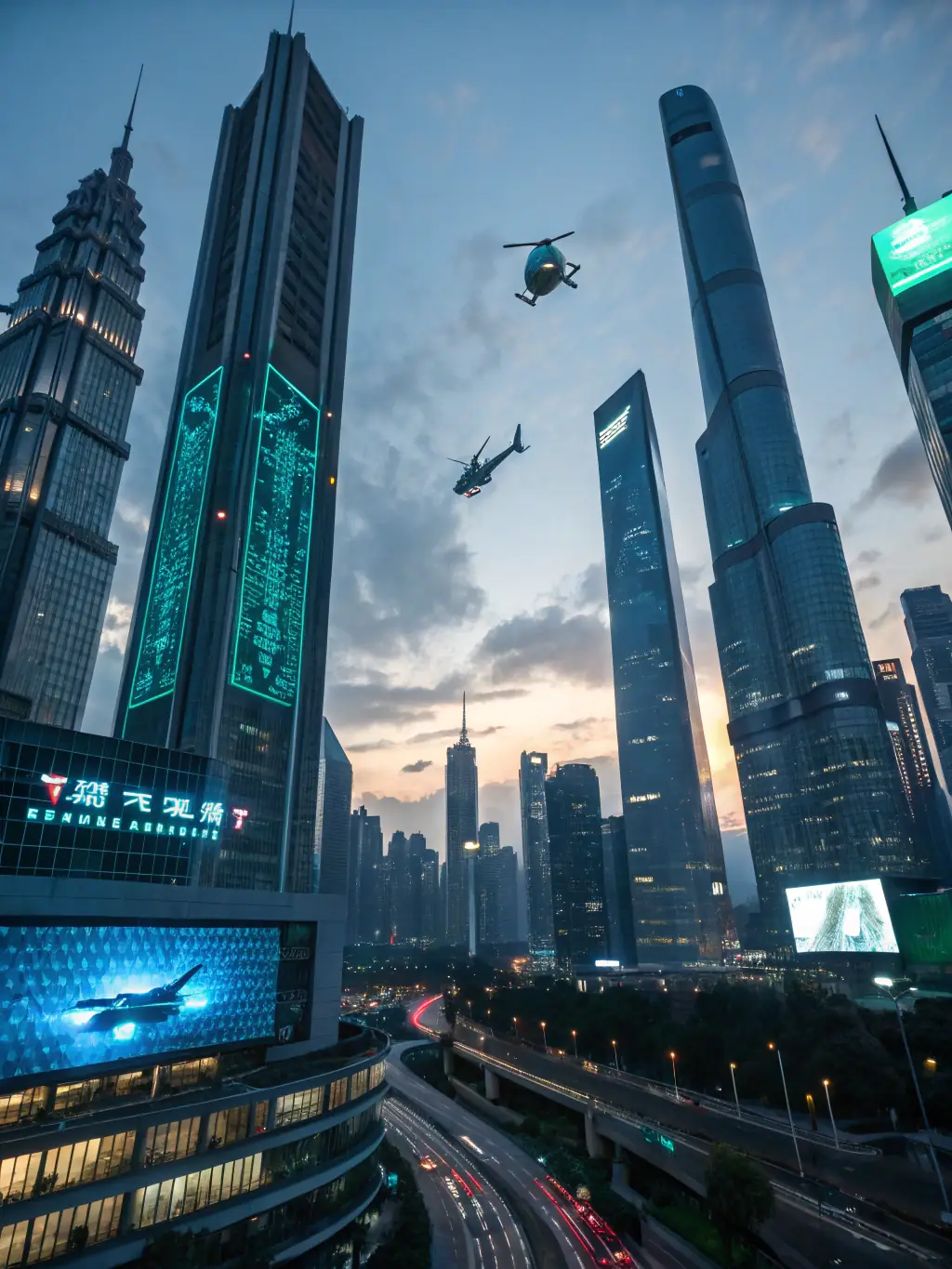 A futuristic cityscape with holographic displays of property data, representing the innovative approach of Golden Attica Realty.
