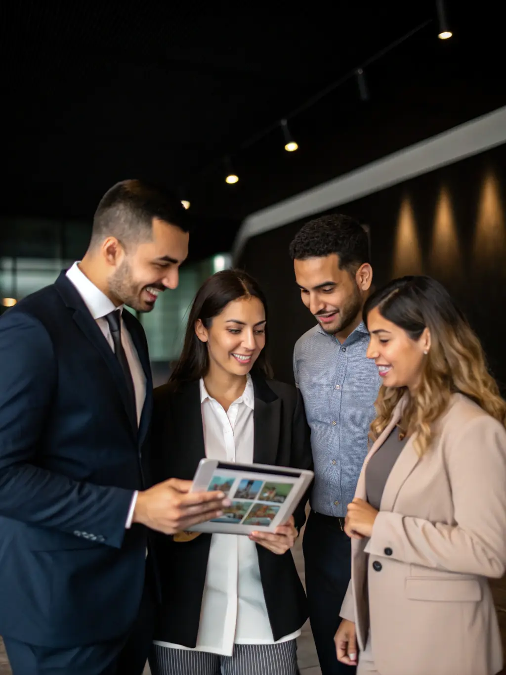 A diverse team of real estate professionals collaborating on a blockchain-based property investment strategy.