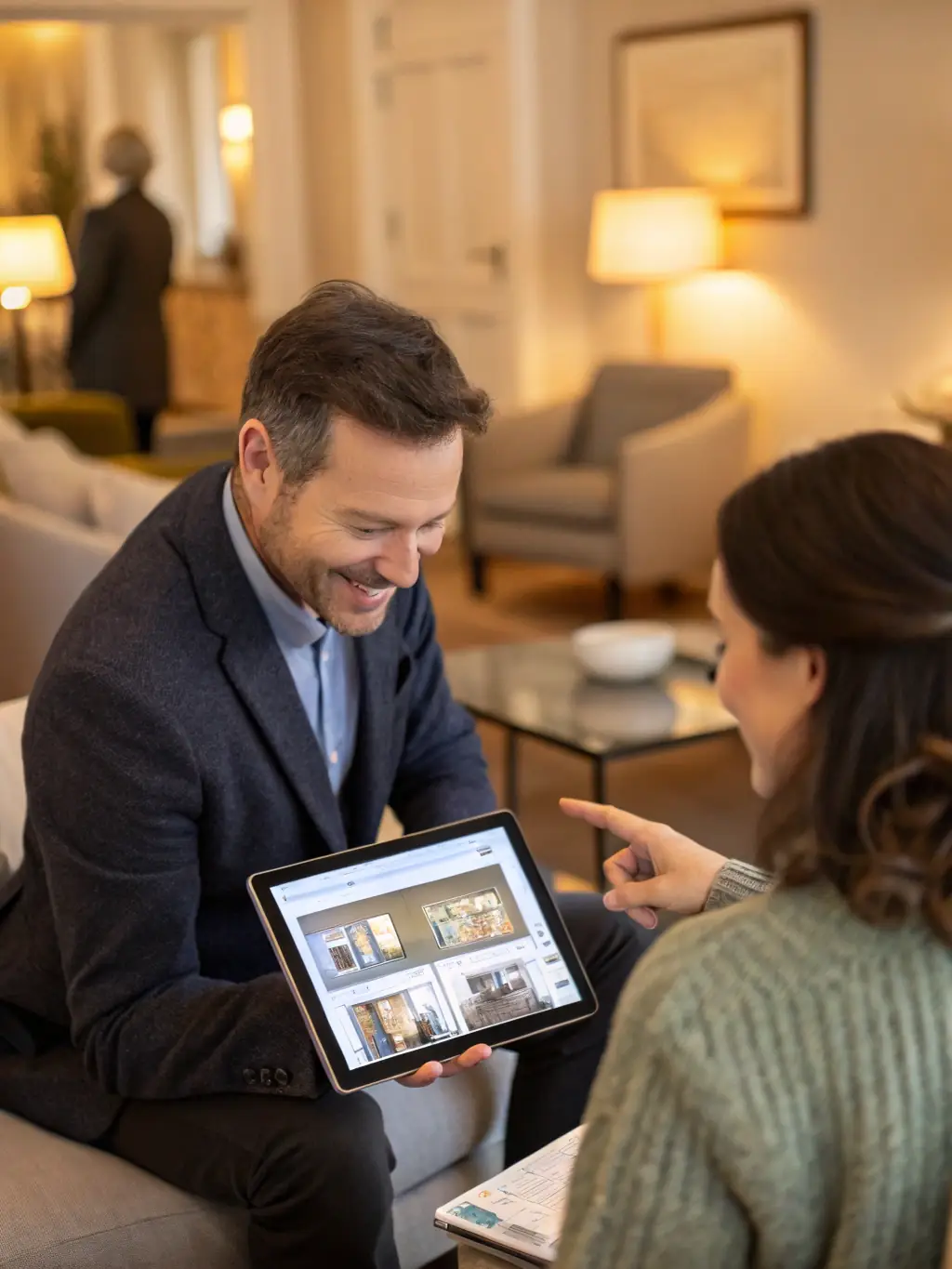 A professional real estate agent assisting a client with digital property records on a tablet, showcasing modern technology in real estate.