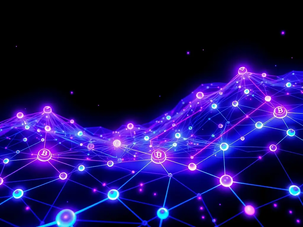 A digital illustration depicting a blockchain network connected to a real estate property, symbolizing secure and transparent property transactions.