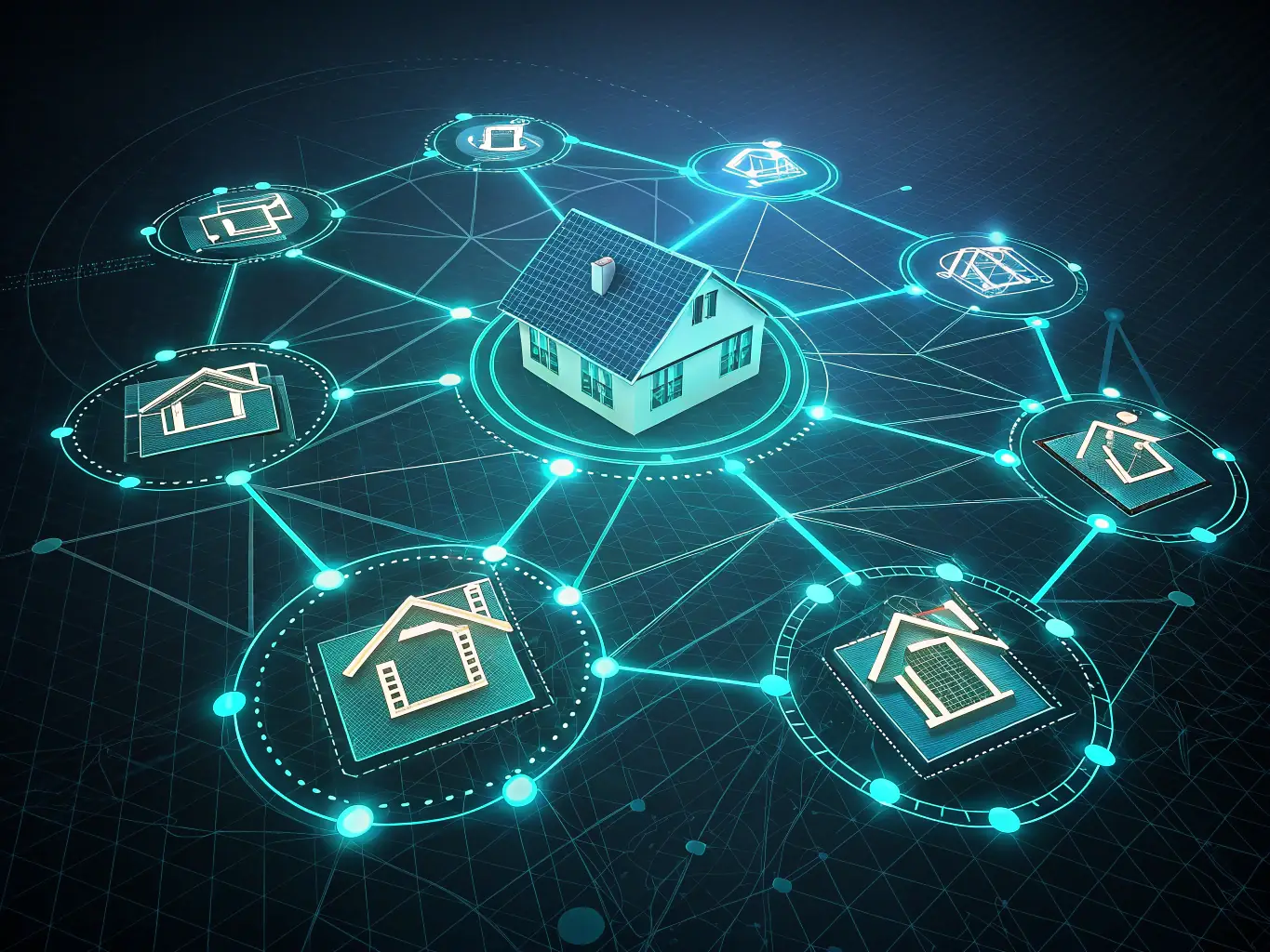 A digital illustration depicting a blockchain network with interconnected blocks representing property assets, symbolizing transparency and security in real estate transactions.